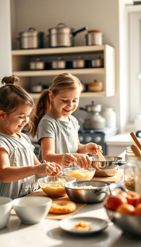 Kids involvement in cooking delicious morning meals